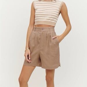 Reformation Tan High-Waist Pleated Linen Shorts